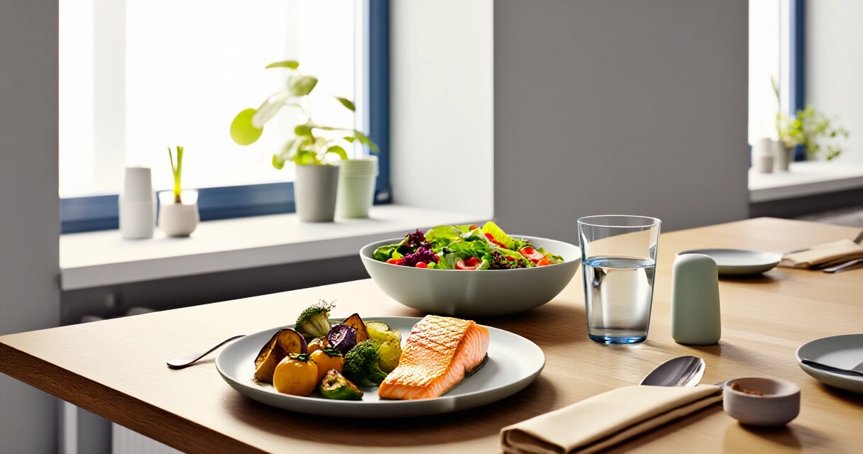 Terveellinen lounas ravintolassa: grillattua kalaa, kasviksia ja salaattia pohjoismainen kattaus