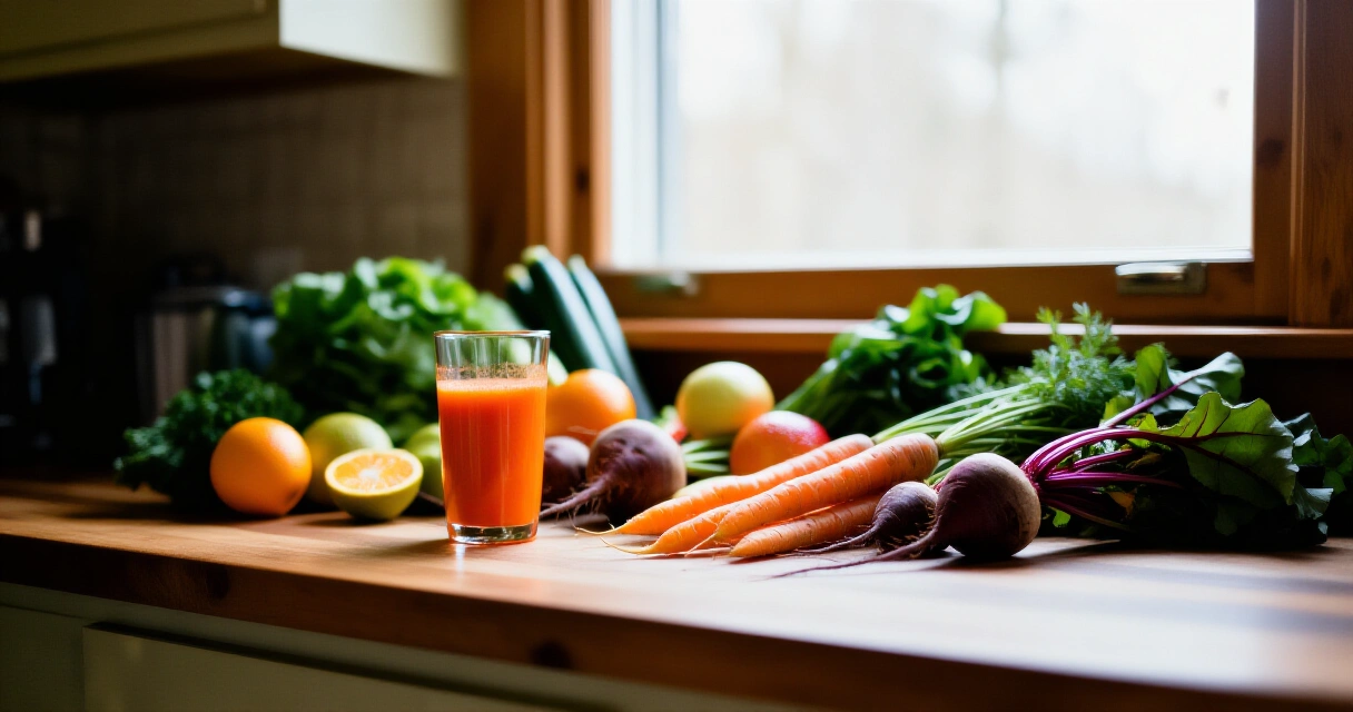 Tuoreita kasviksia ja hedelmiä keittiön pöydällä lasin vieressä