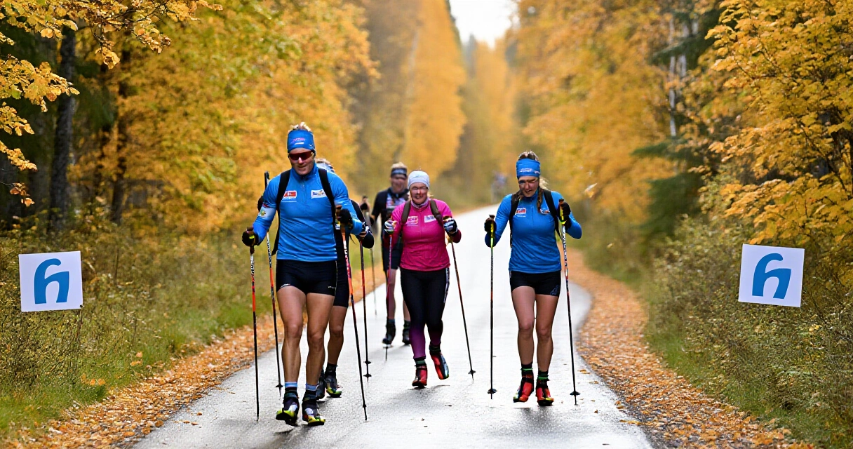Sauvakävelyn MM-kilpailut Lahdessa syyskuussa 2026 - sauvakävelijöitä syksyisellä kilpailureitillä