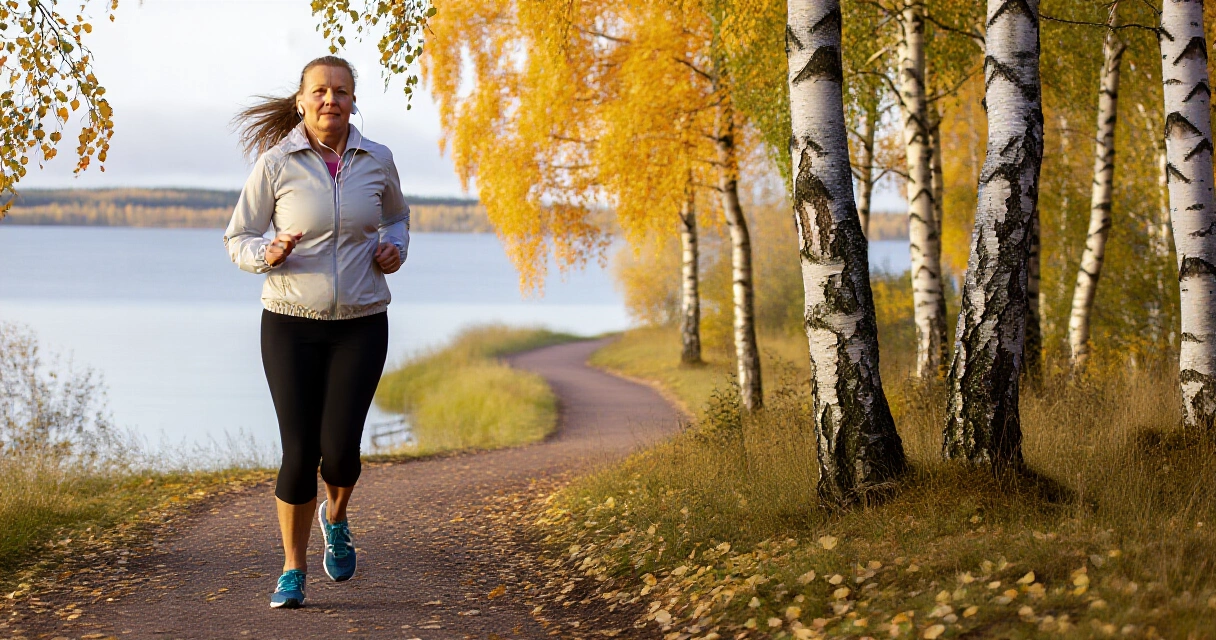 Suomalainen nainen juoksee järvenrantareitillä syysaikaan koivumetsässä